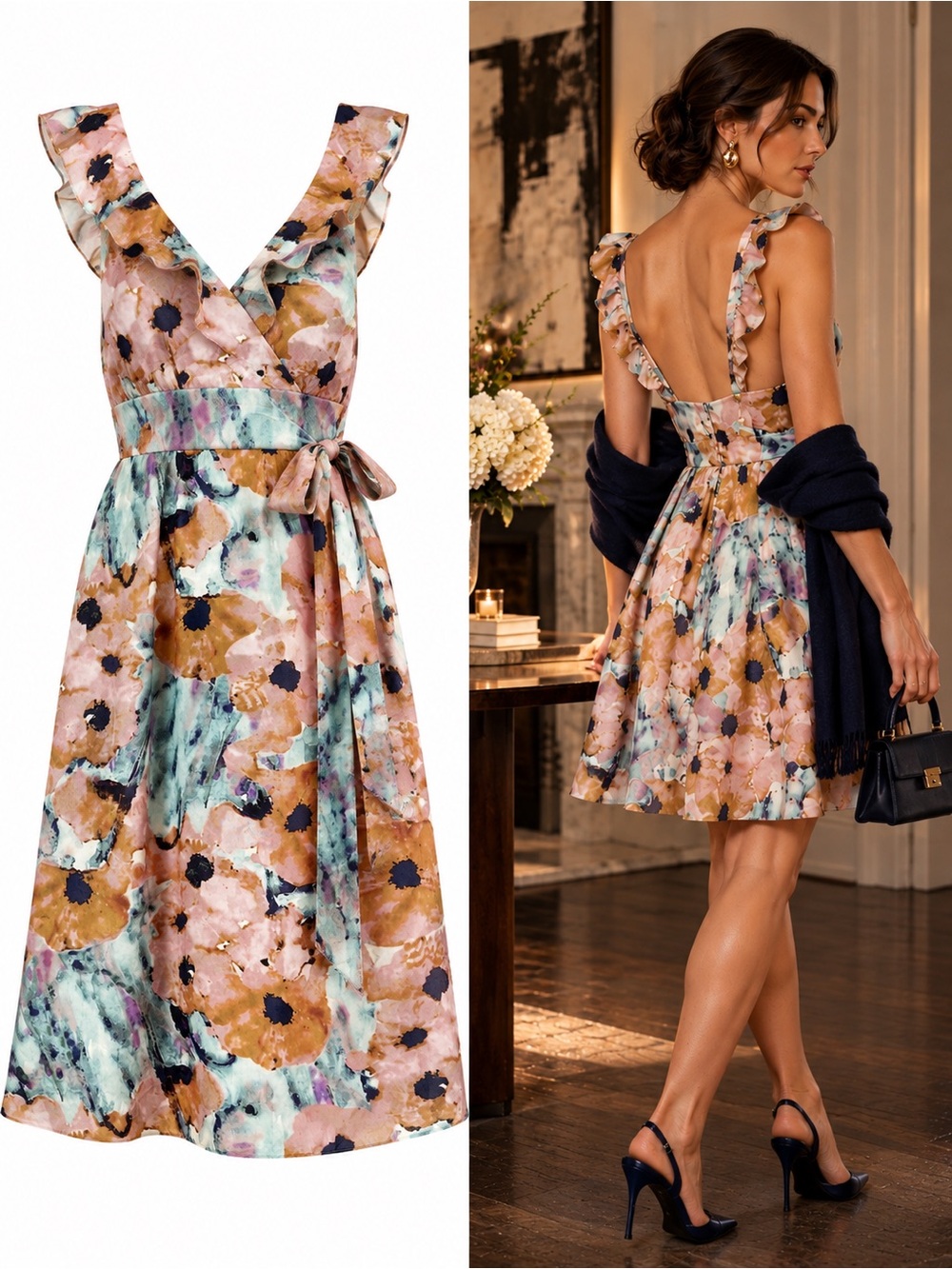 Theory Galila Marble Floral 100% Silk Ruffle Dress Size 2